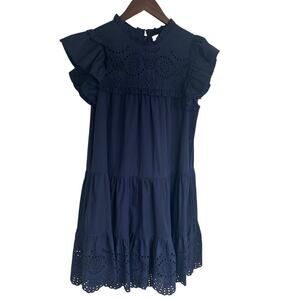 PINCH Navy Eyelet Ruffle Tiered Mini Dress Size S. Summer Beachy